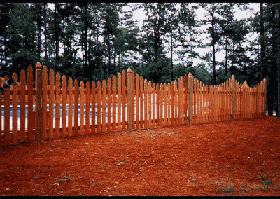 A gorgeous wood plank fencing with lotus bud tips