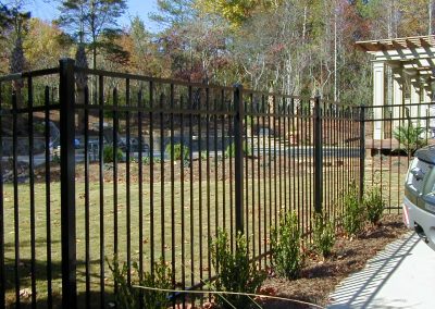 An angular view of high black metal fencing